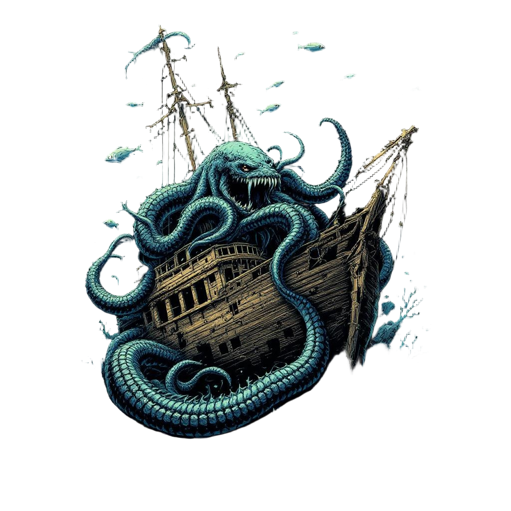 A kraken wrapped around a sunken shipwreck, fish swimming through the wreckage, 