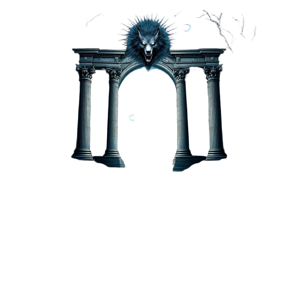 The gates of the underworld with Cerberus standing guard, river Styx flowing ben