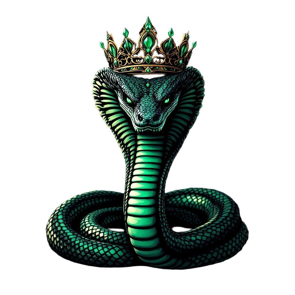 A king cobra with an emerald crown and scales, ruling over a serpent kingdom, ro