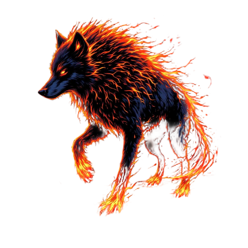 A wolf with fur made of flowing lava, leaving burning paw prints, volcanic preda