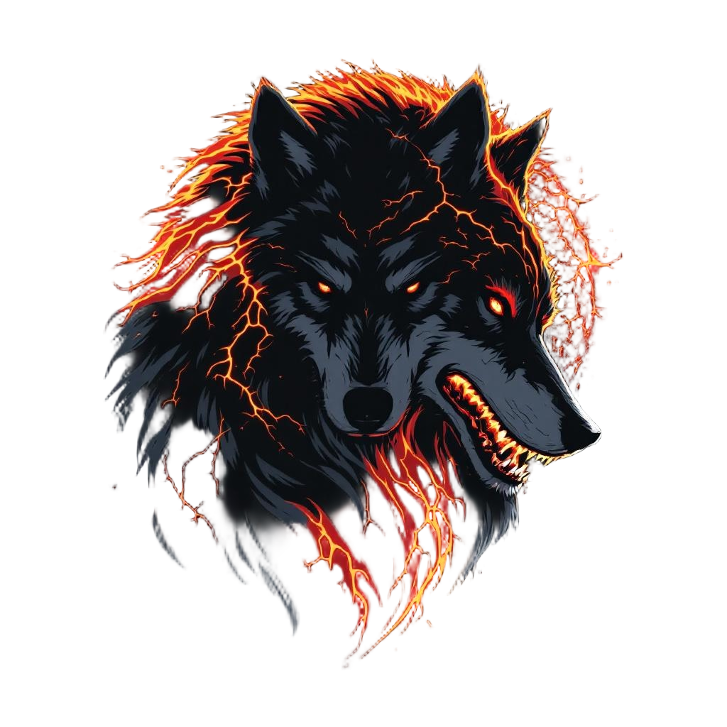 A wolf with fur that flows like magma, volcanic cracks glowing orange across its