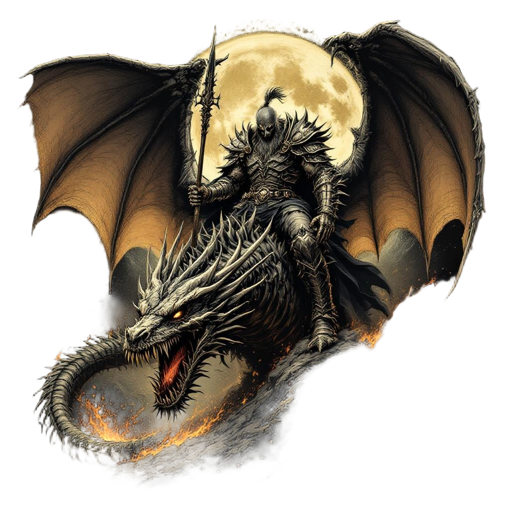 A fearsome warlord in dragon-bone armor riding an armored dragon into battle, ul