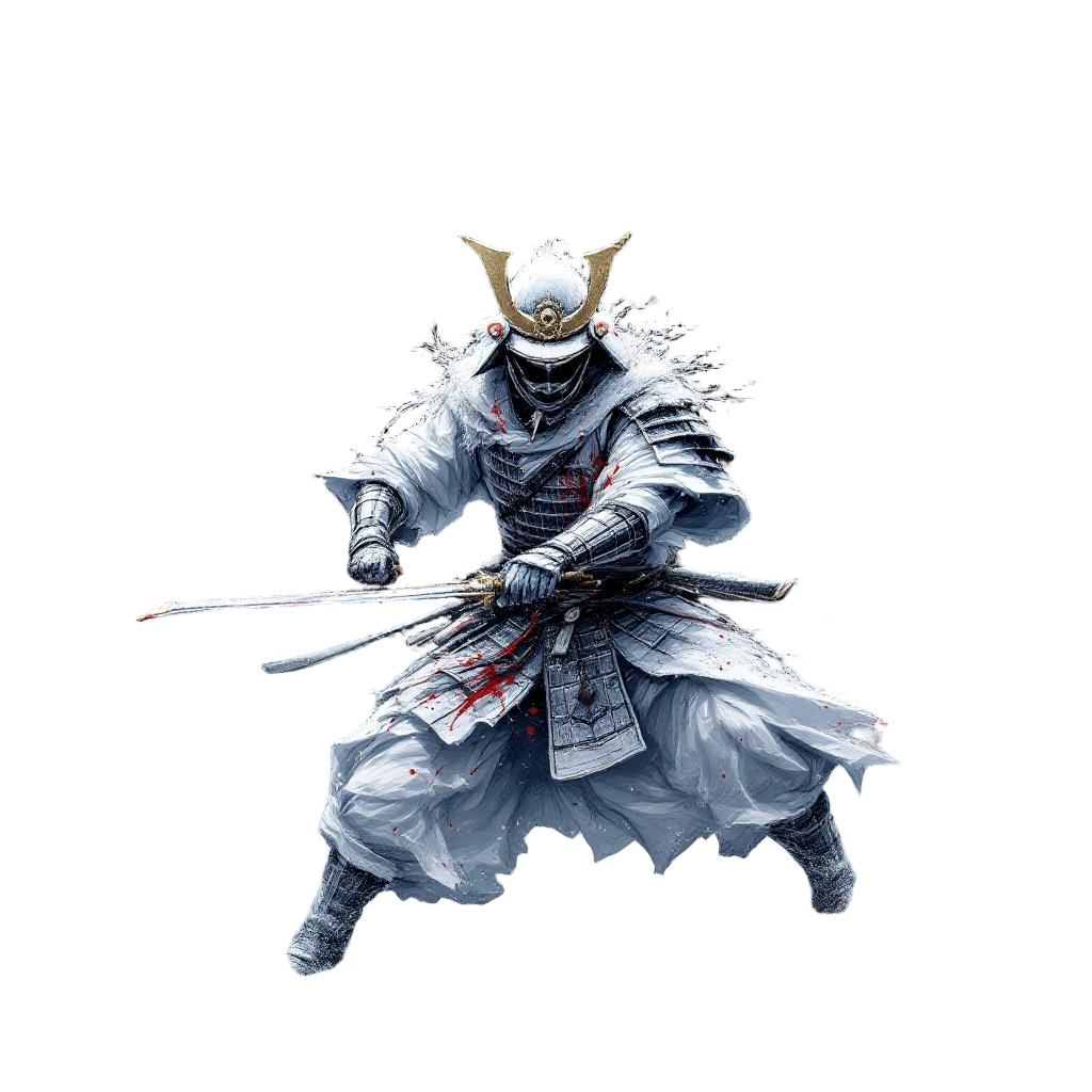 A samurai in white armor fighting in a snowstorm, blood on the snow, poetic wint