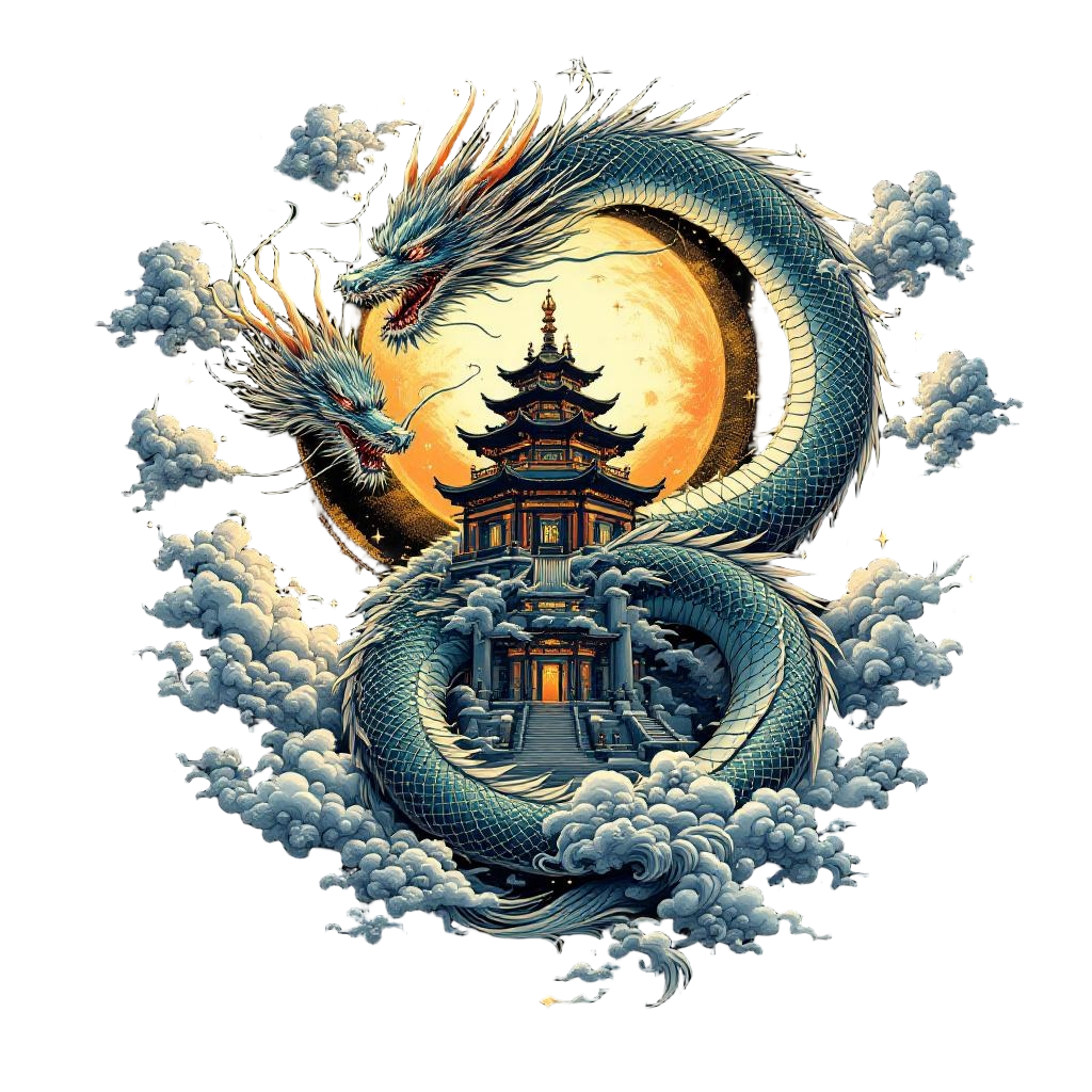 A Chinese immortal dragon coiled around a celestial cloud palace, divine archite