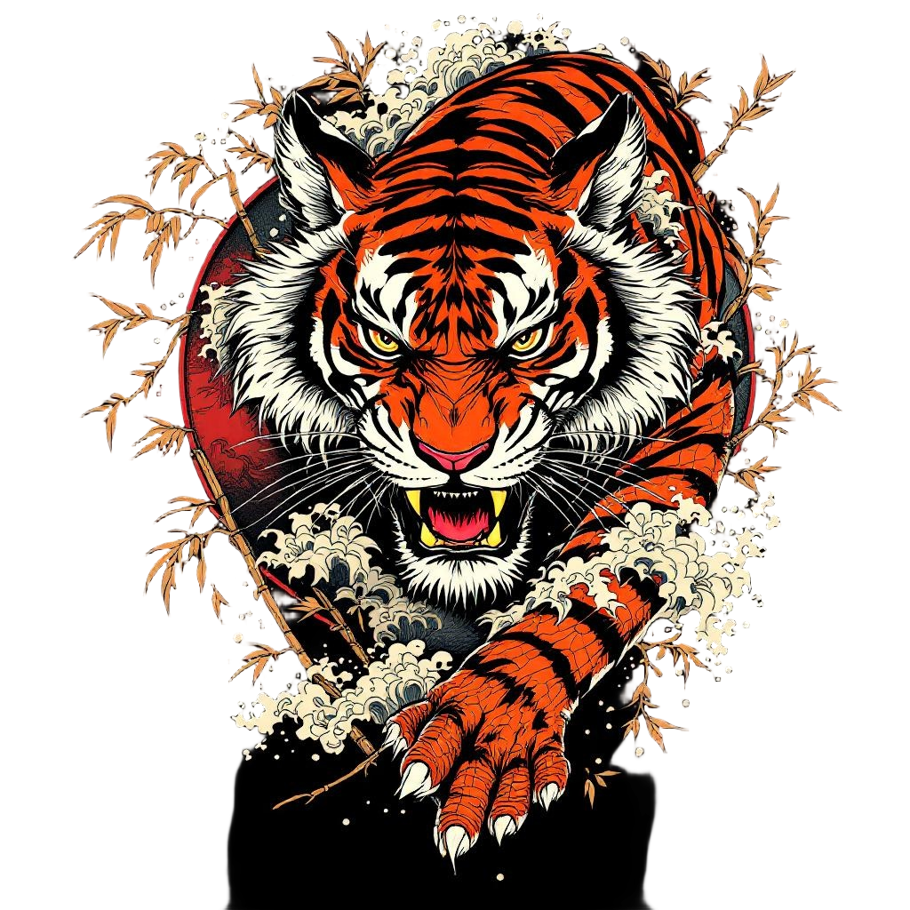 A yakuza-style tiger tattoo design with bamboo and waves, Japanese irezumi art, 