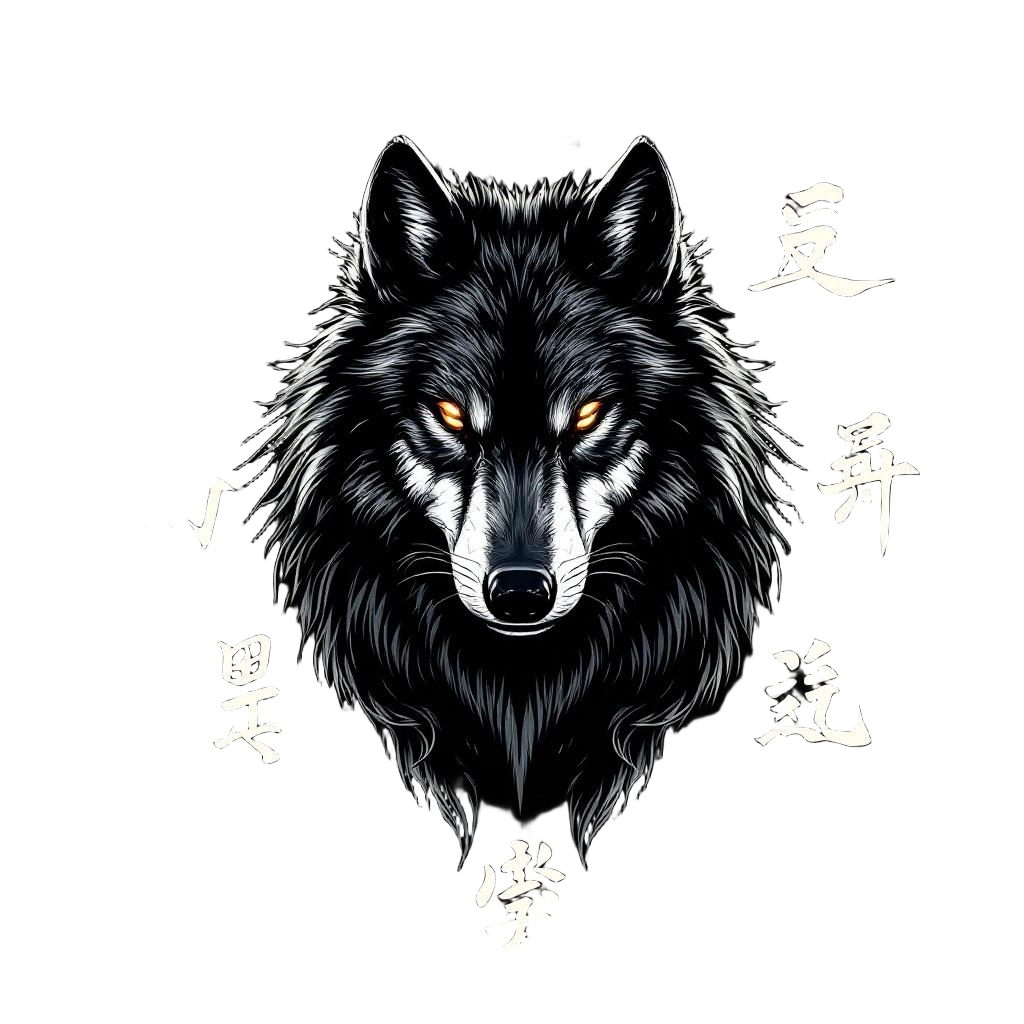 A wolf embodying the seven virtues of bushido, each virtue as a glowing kanji ch