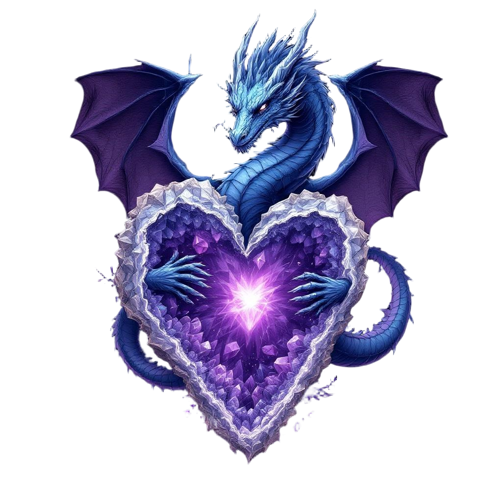 A dragon with a body that cracks open to reveal a geode crystal heart, amethyst 
