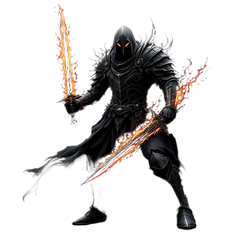 A doom knight in black armor wielding a sword of hellish flames, apocalyptic war