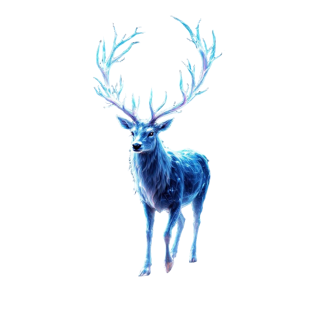 An ethereal glowing stag with crystalline antlers walking through a dark enchant