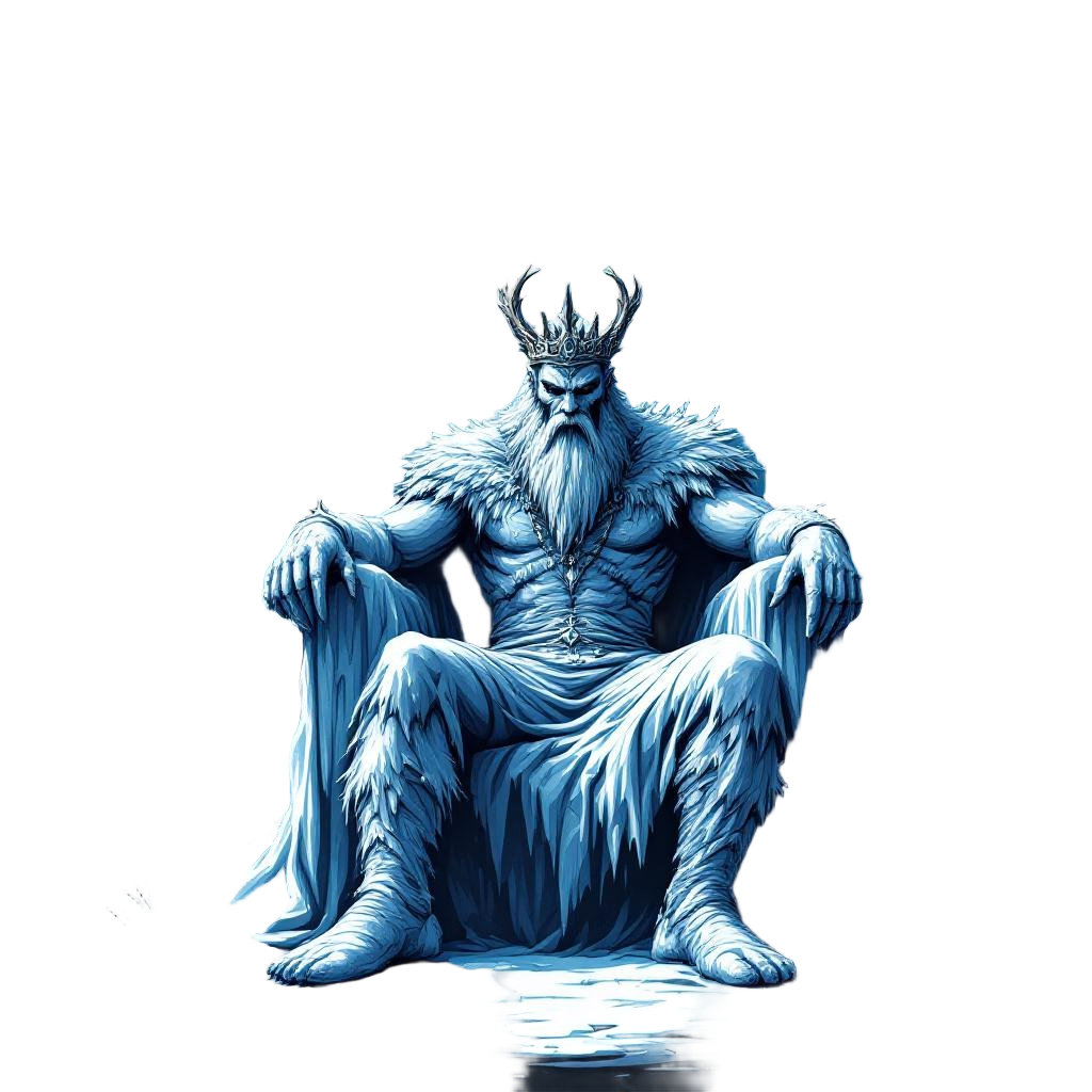A frost giant sitting on an ice throne inside a frozen castle, icicle crown, Nor