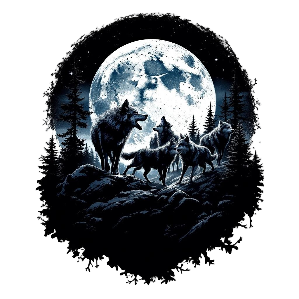 A wolf pack hunting together under a rising moon, coordinated predators, wild fr