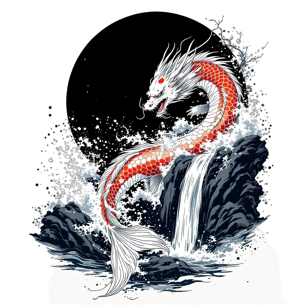 A koi fish mid-transformation into a dragon, leaping up a waterfall, Chinese leg