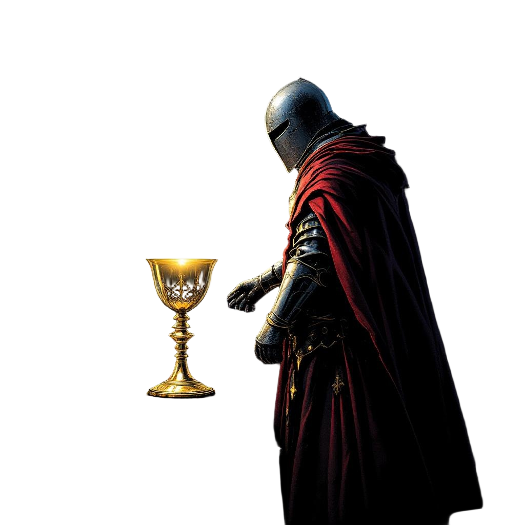 A Templar Knight finally finding the Holy Grail, divine light emanating, end of 