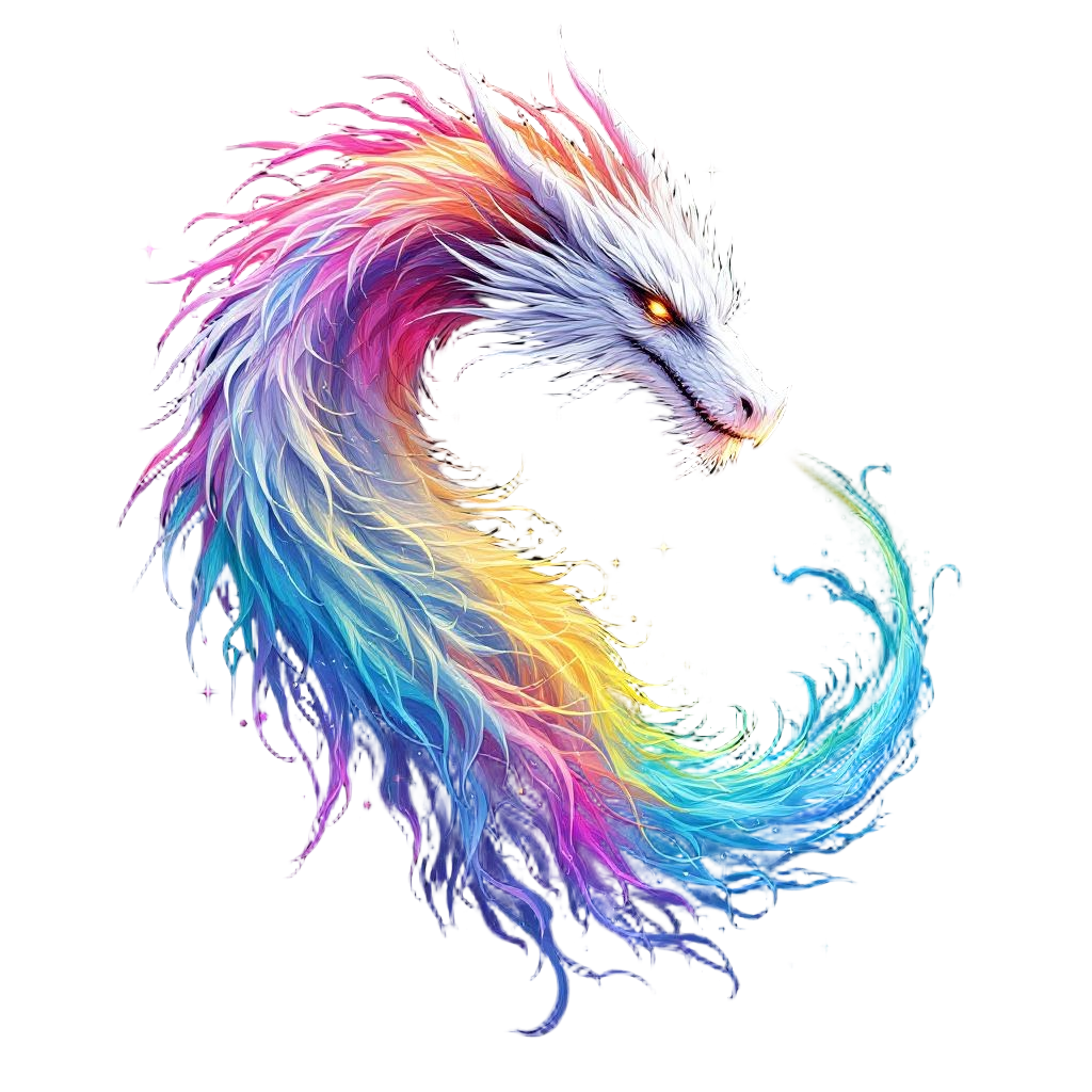 A white dragon breathing a prism of rainbow light, chromatic dragon, all colors 