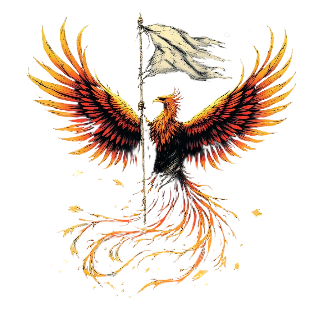 A war phoenix carrying a tattered battle flag, scarred from battles, warrior bir