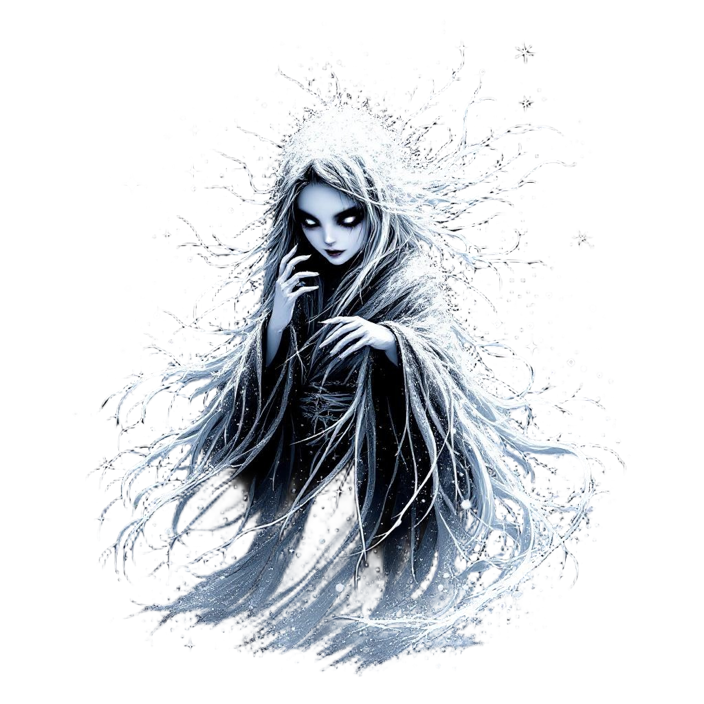 Yuki-onna the Japanese snow woman spirit, hauntingly beautiful, freezing breath,