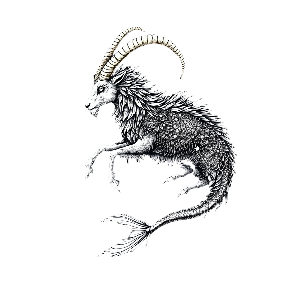 Capricorn the cosmic sea-goat hybrid, mountain goat body with fish tail, zodiac 
